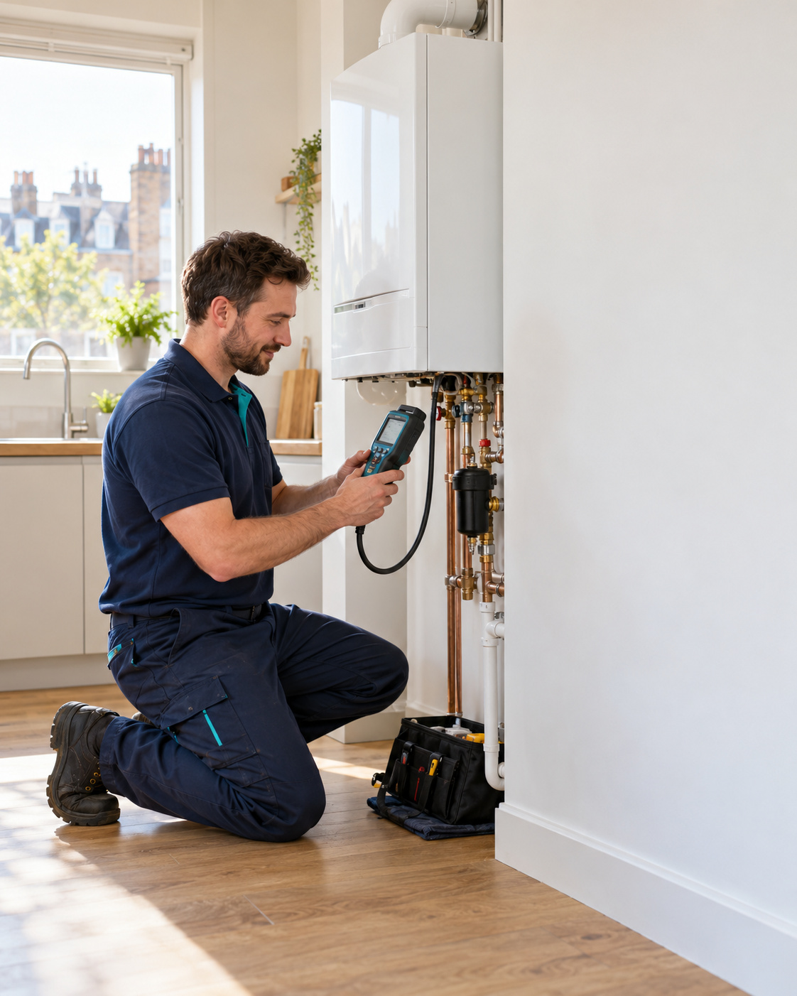 Gas Safe engineer checking a combi boiler with a flue gas analyser