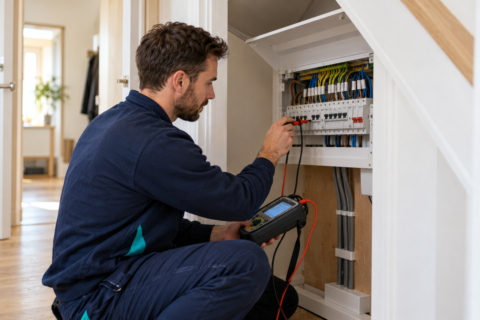Qualified electrician testing consumer unit distribution board