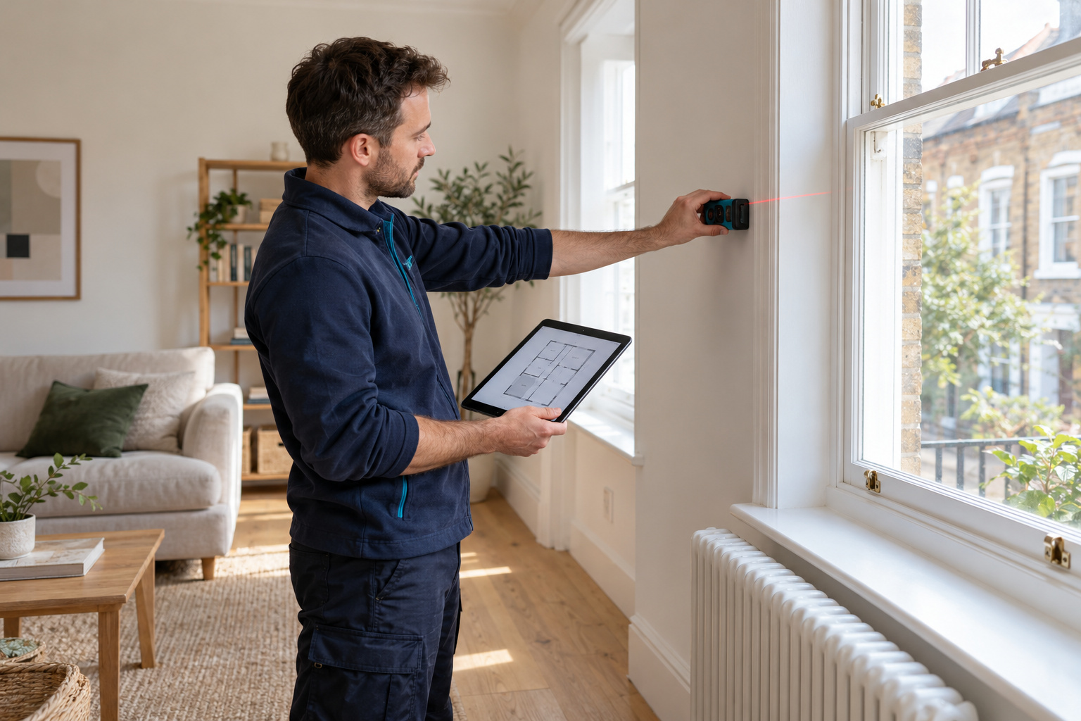 Domestic energy assessor evaluating property insulation and heating